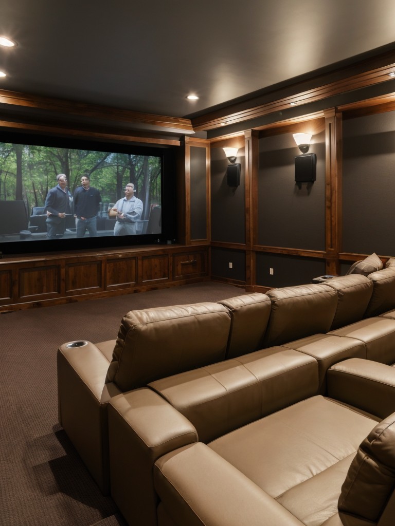 Home theater room with a large screen projector, surround sound system, and plush seating for a cinematic experience.