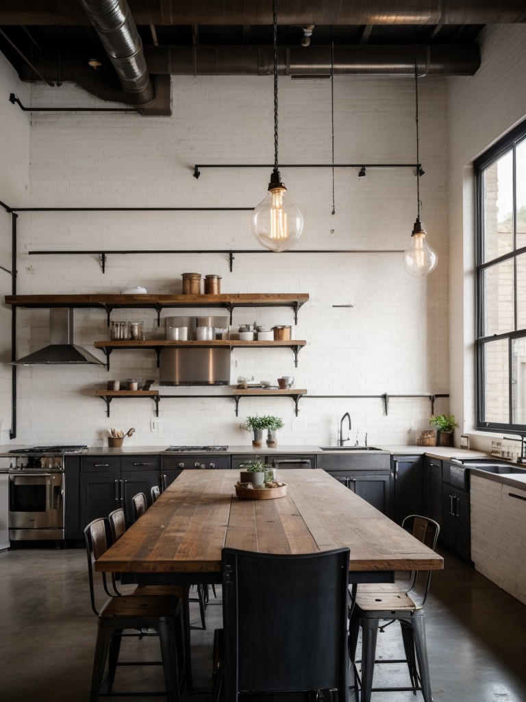 Industrial-inspired design with exposed brick walls, metal furniture, and Edison bulb lighting.