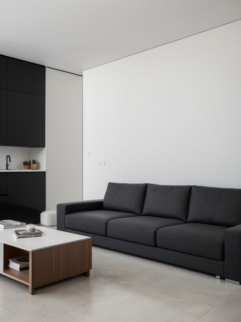 Minimalist design with sleek furniture, monochromatic color scheme, and hidden storage options.