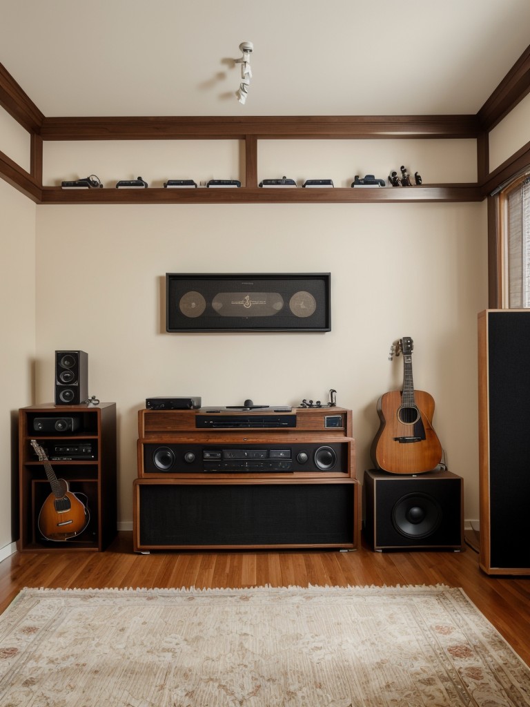 Music lover's room with a wall-mounted guitar display, soundproofing panels, and a record player setup.