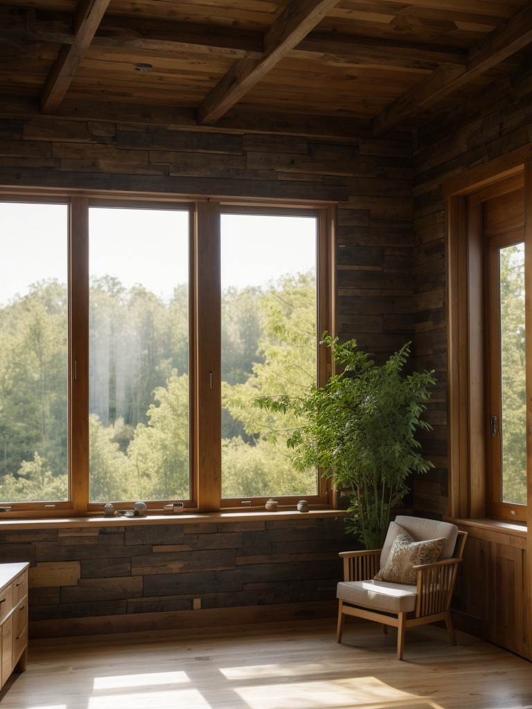 Nature-inspired room with indoor plants, natural materials like wood and stone, and large windows for natural light.