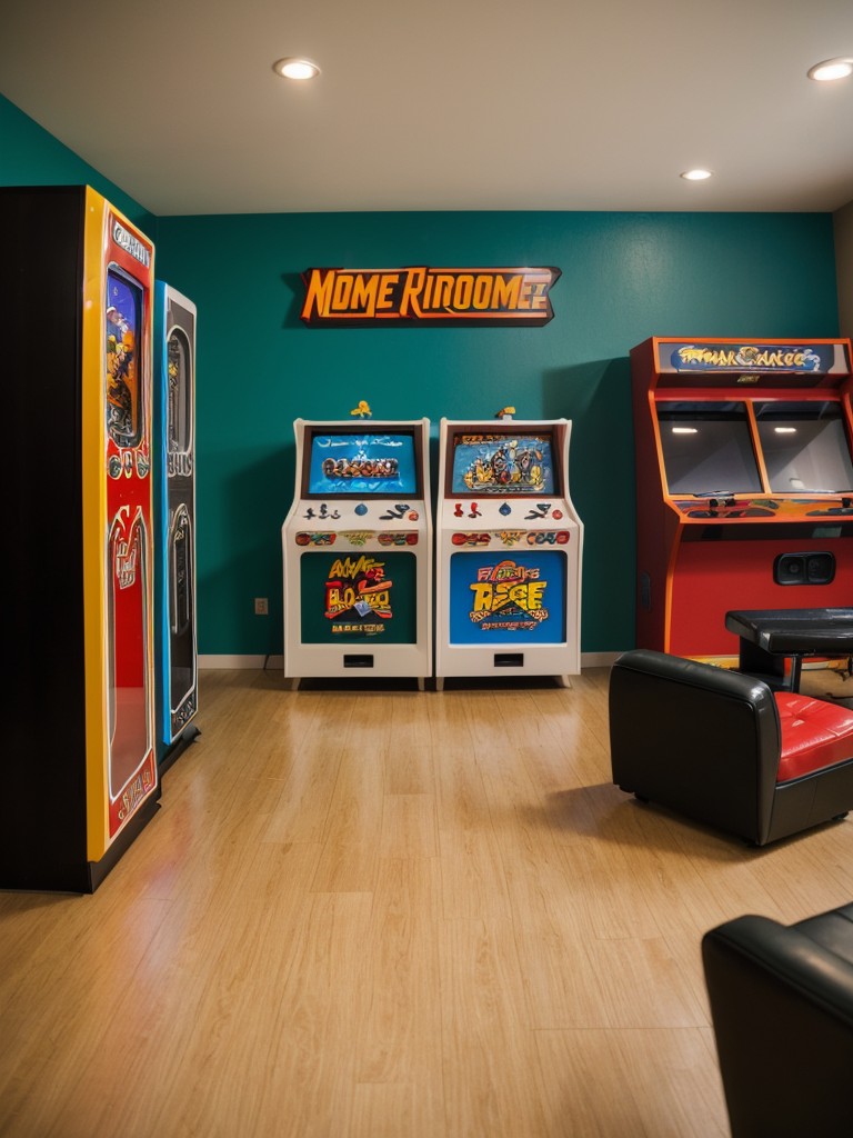 Retro gaming room with vintage arcade machines, gaming console displays, and nostalgic gaming memorabilia.