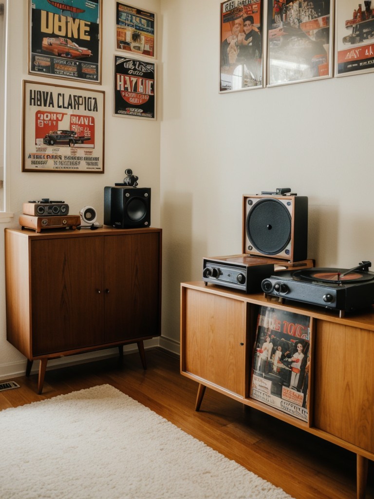 Retro-themed room with vintage posters, mid-century modern furniture, and a record player with vinyl collection.