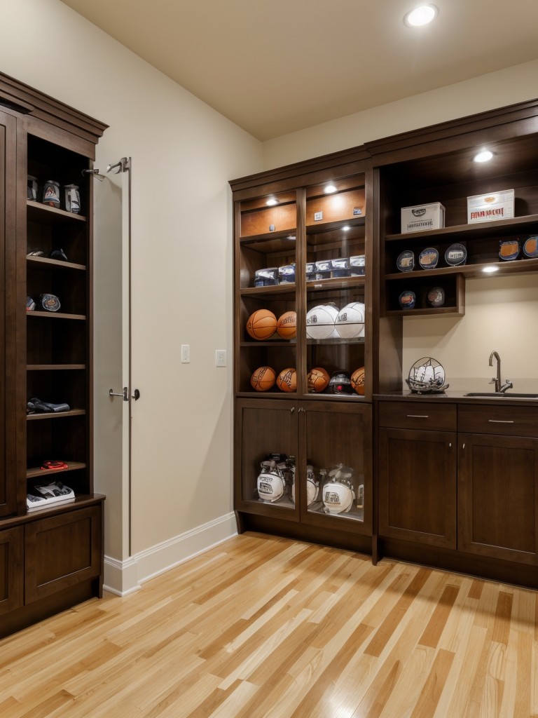 Sports-themed room with team memorabilia, a display case for jerseys, and a mini basketball hoop.