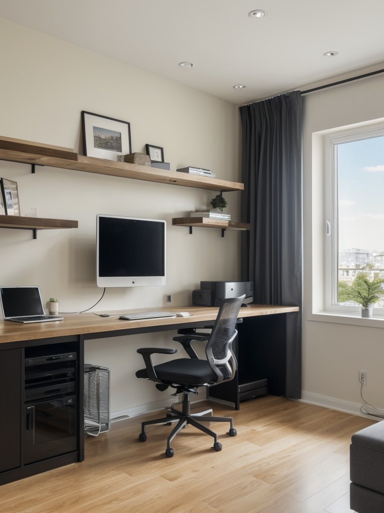 Tech-savvy room with smart home gadgets, cable management solutions, and a sleek computer workstation.