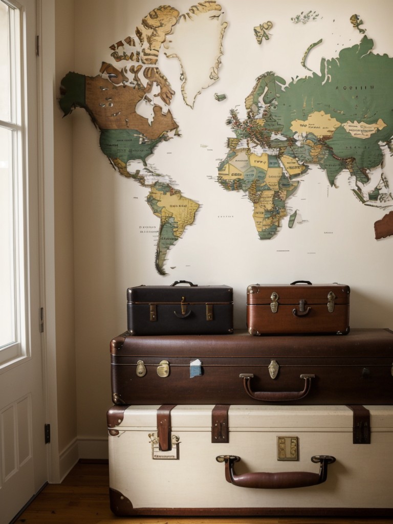 Travel-inspired room with a world map wall mural, vintage suitcase storage solutions, and globetrotter decor.