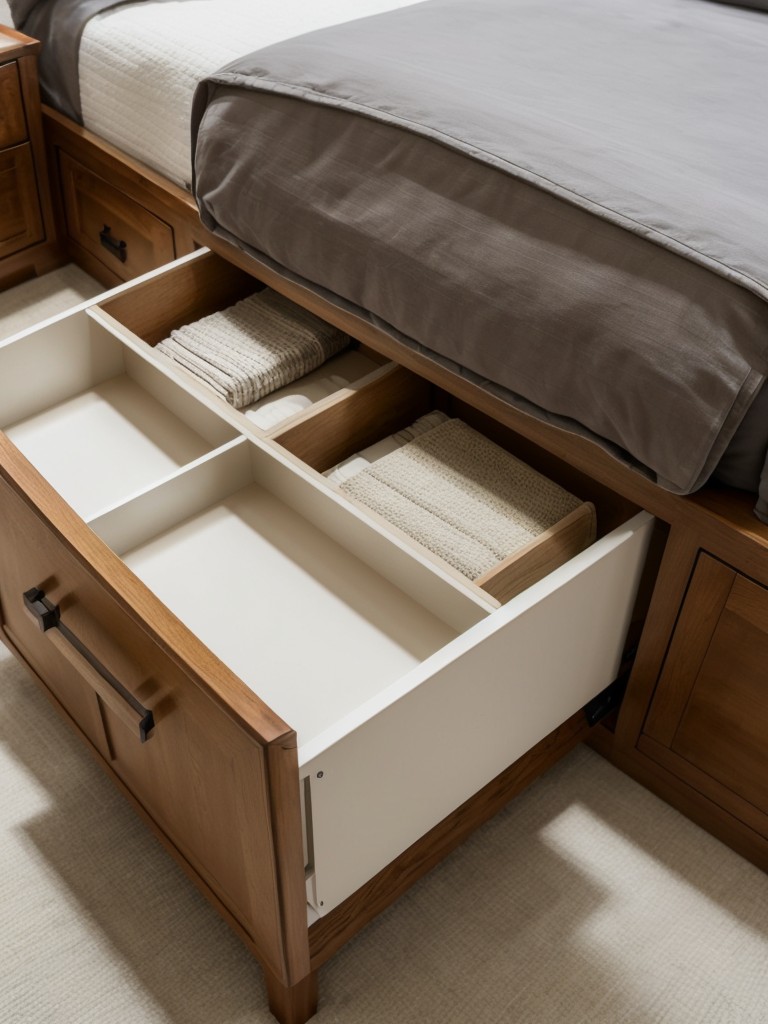 Choose furniture with built-in storage compartments, like ottomans with hidden storage or bed frames with drawers.