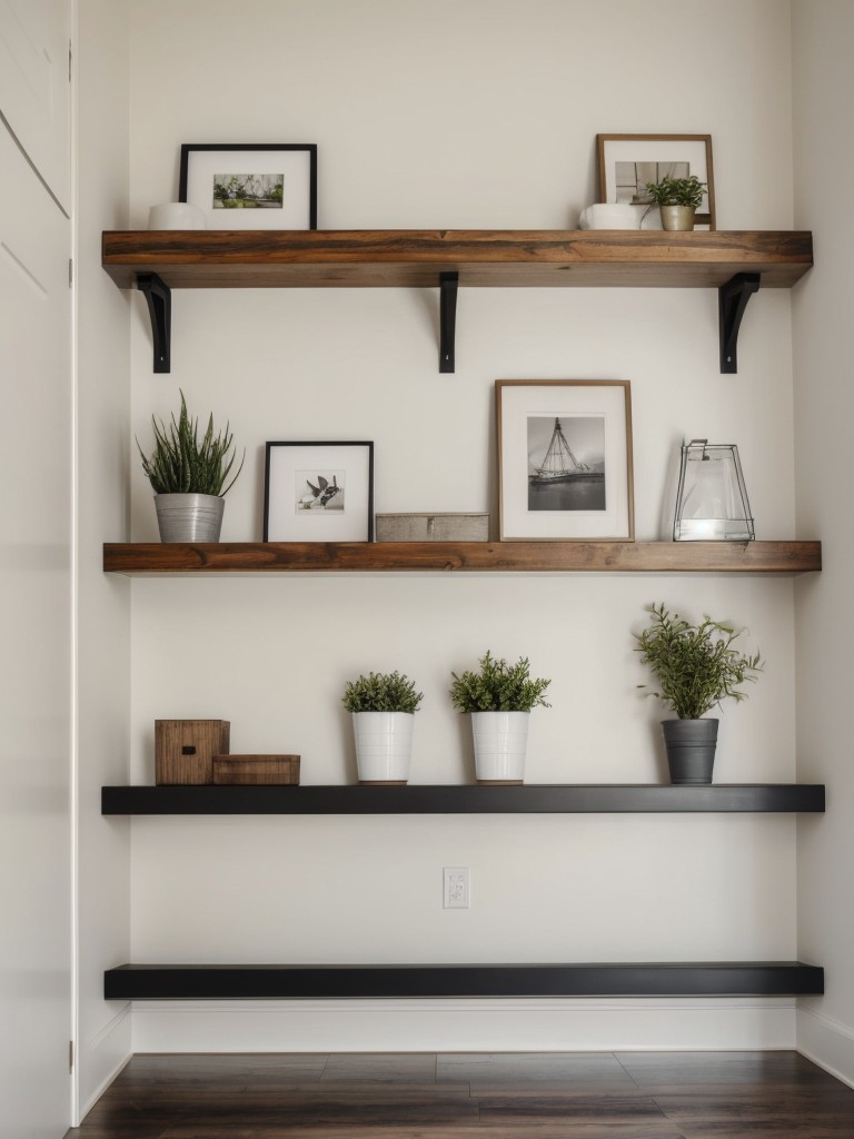 Install floating shelves or wall-mounted storage to keep the floor clear and maintain a sense of openness.