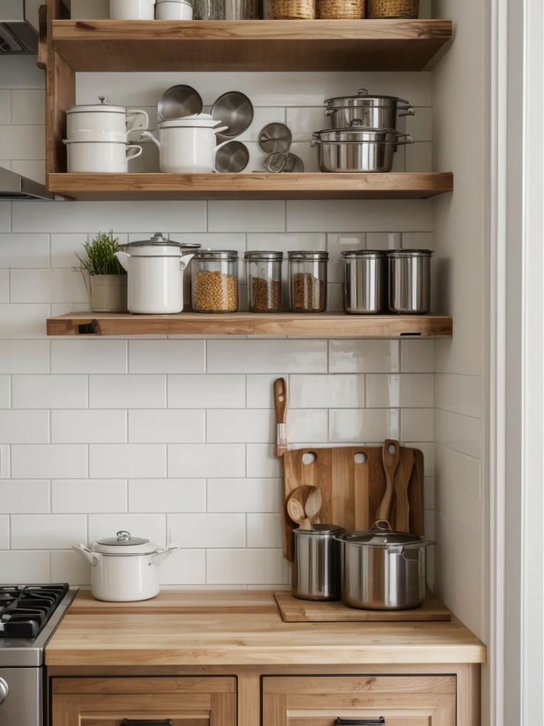 Make use of wall space for storage by installing vertical shelving or a pegboard for hanging pots, pans, and utensils in the kitchen.
