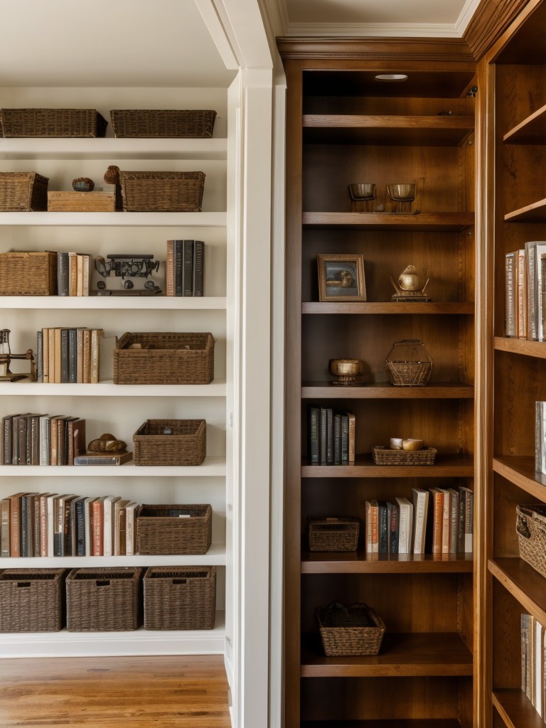 Utilize vertical space by installing floor-to-ceiling bookshelves or open shelving units for displaying decorative items.