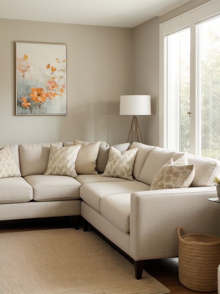 Choose a neutral color scheme to visually expand the space and add pops of color through accent pillows and artwork.