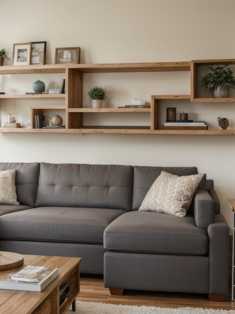Maximize space with a sectional sofa, coffee table with storage, and floating wall shelves.