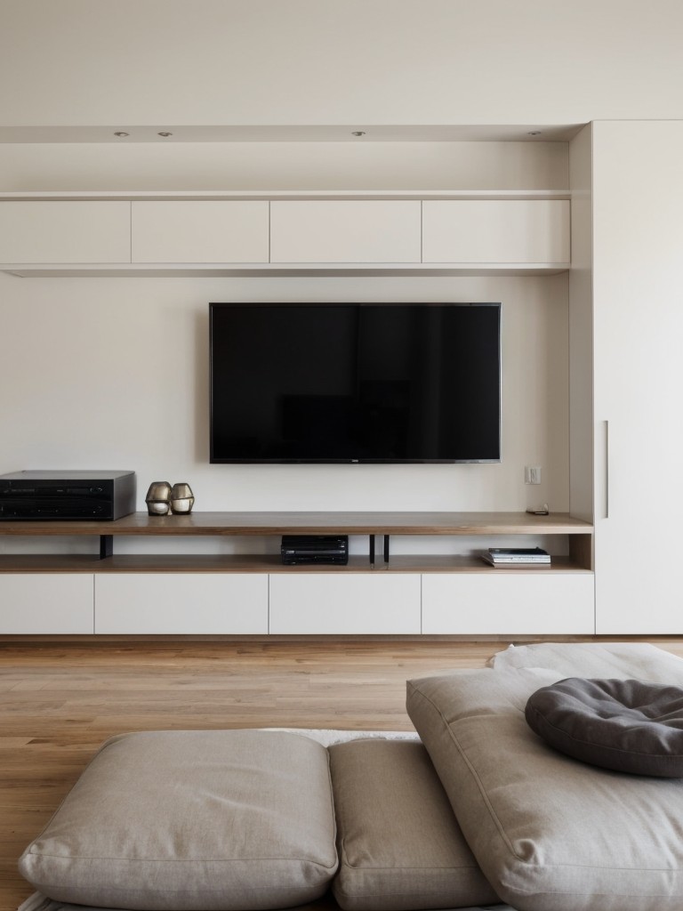 Opt for a minimalist approach with floor cushions, a low coffee table, and a wall-mounted entertainment center to save space.
