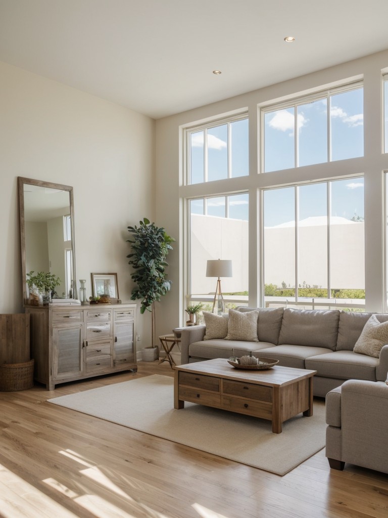 Use a large mirror to create an illusion of a bigger living room and enhance natural light.