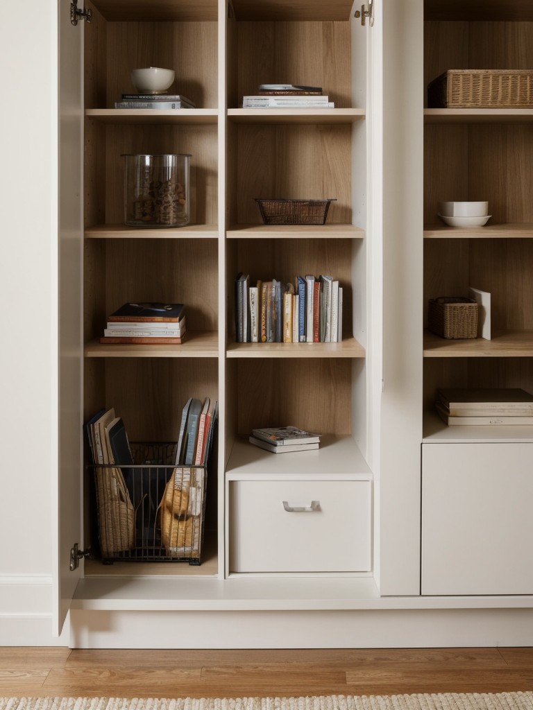 Utilize built-in storage solutions like wall-mounted cabinets, bookshelves, and under-sofa storage to keep the room clutter-free.