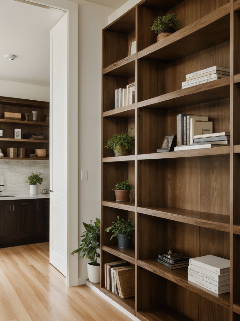 Utilize vertical space by installing floating shelves, wall-mounted plants, and tall bookcases for storage and design elements.