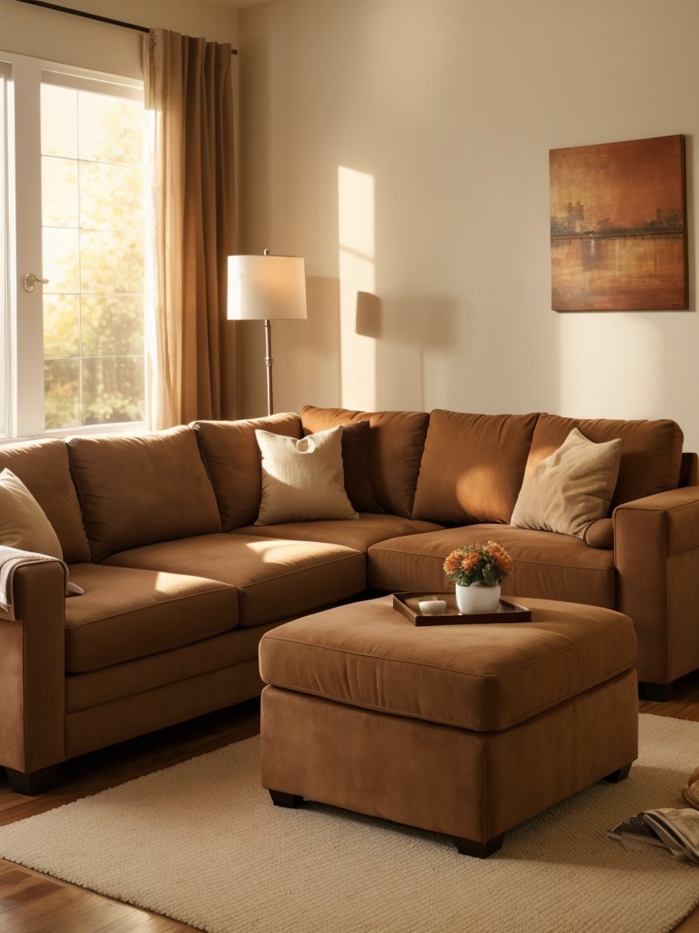 Create a cozy atmosphere with a warm color palette, plush furniture, and soft lighting.