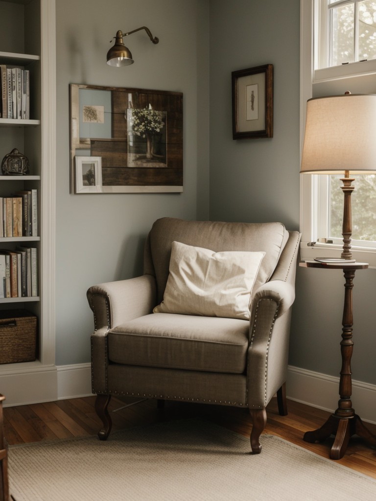Create a dedicated cozy corner with a comfortable reading chair, a side table for books and a cozy floor lamp for a perfect reading nook.