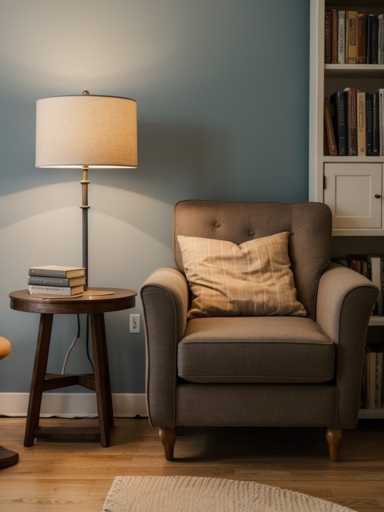Create a reading corner with a cozy armchair, a small side table for books, and a floor lamp for task lighting.
