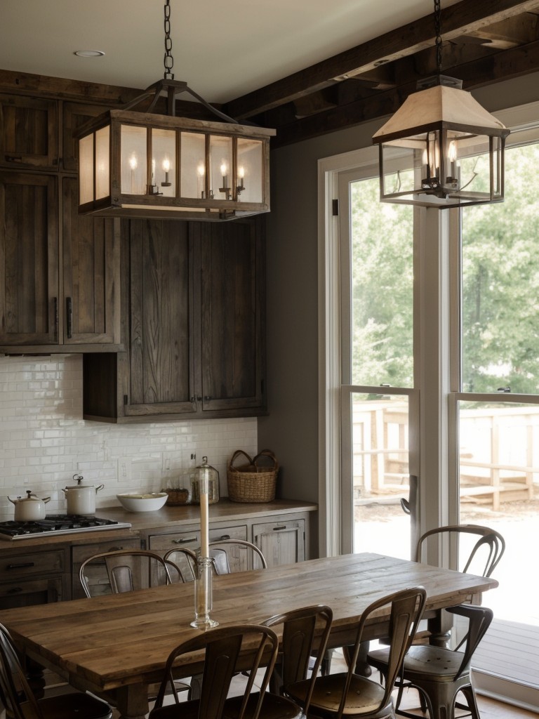 Add warmth and character to your dining area with a statement chandelier or pendant light fixture, paired with a rustic farmhouse-style table.