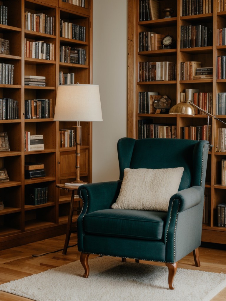 Create a cozy reading nook by pairing a comfy armchair with a floor lamp and a bookshelf filled with your favorite books.