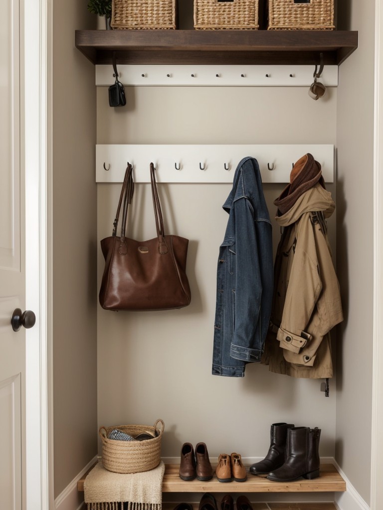 Create an organized entryway by adding a shoe rack, hooks for coats, and a designated space for keys and mail.