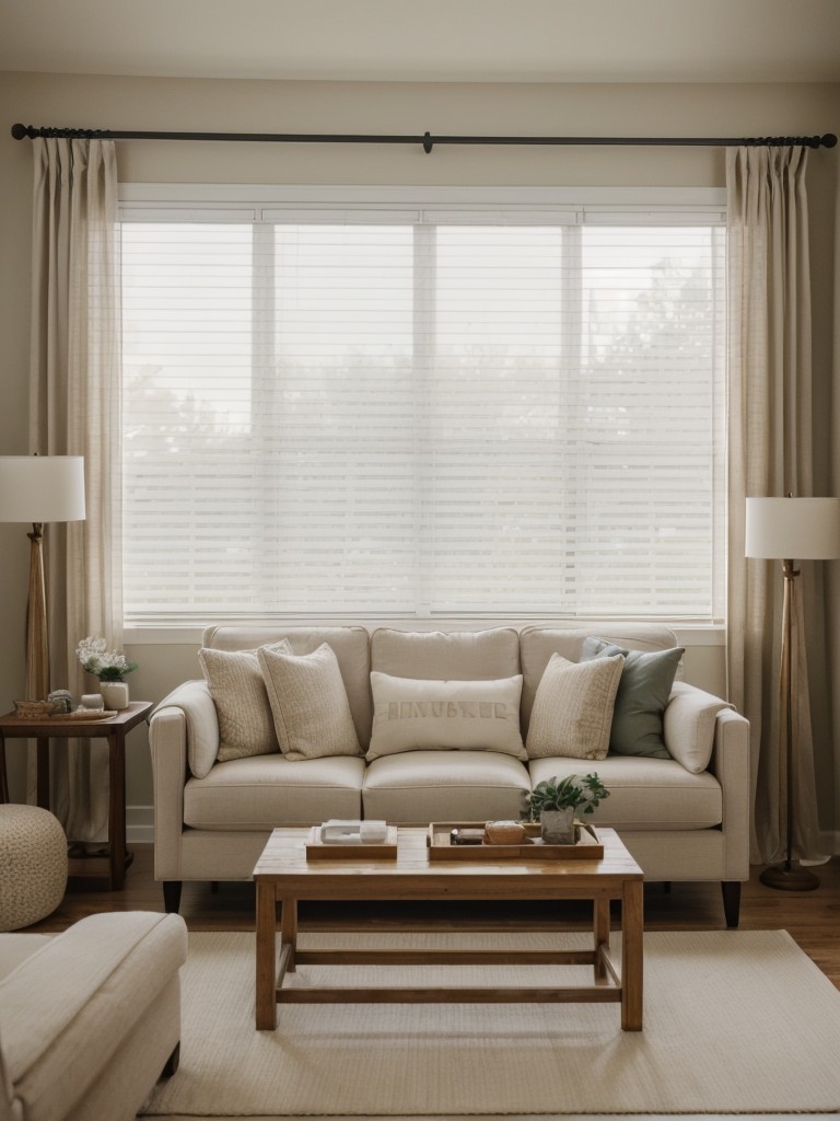 Hang curtains or blinds that match your color scheme while also offering privacy and blocking out excessive sunlight.