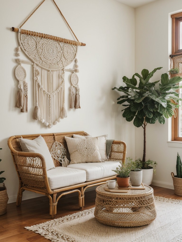 Incorporate bohemian vibes into your apartment by adding macrame wall hangings, dreamcatchers, or a rattan chair to your space.