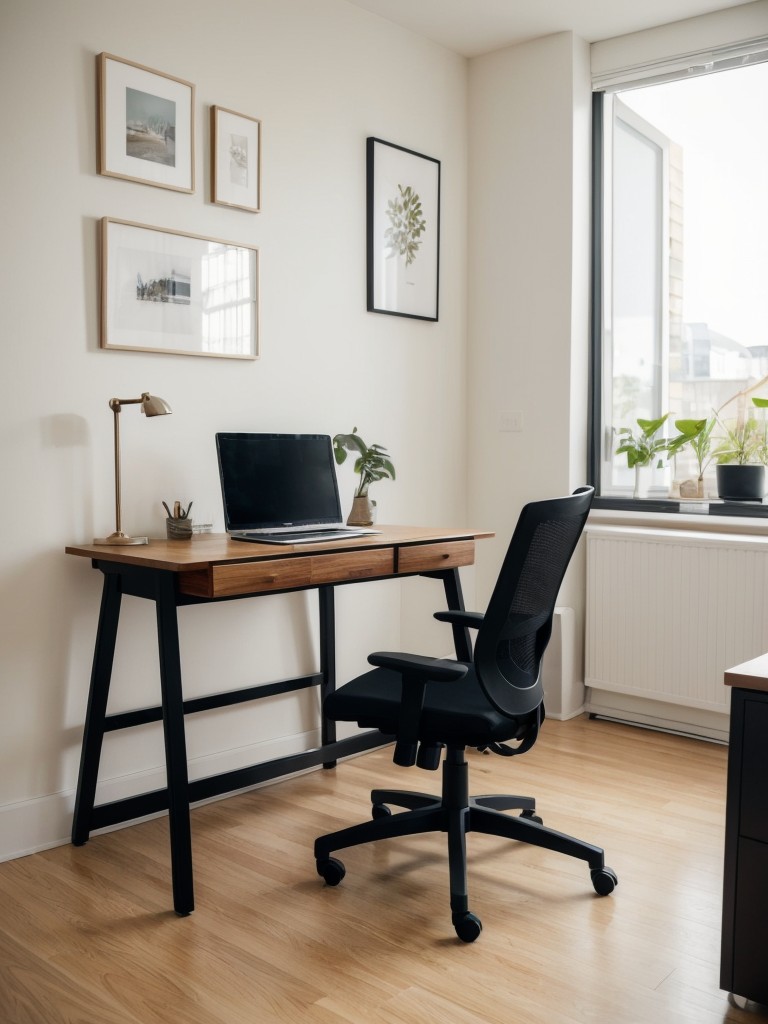 Incorporate a small workspace in your apartment by using a slim desk and a comfortable chair that fits seamlessly with your decor.