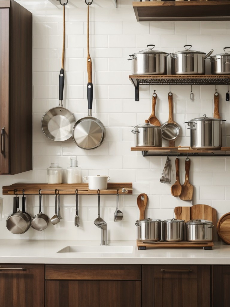 Make use of wall space in your kitchen by installing a pegboard or hanging pot rack to store utensils, pots, and pans.