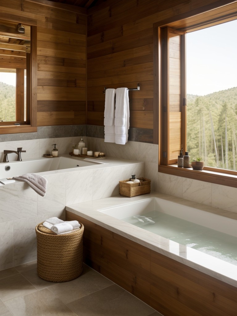 Transform your bathroom into a spa-like retreat by incorporating natural materials such as bamboo, stone accents, and fluffy white towels.