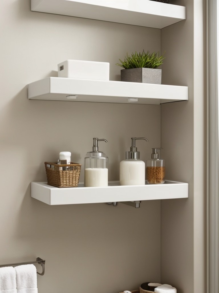 Clever solutions for small apartment bathrooms, such as wall-mounted shelves and space-efficient fixtures.