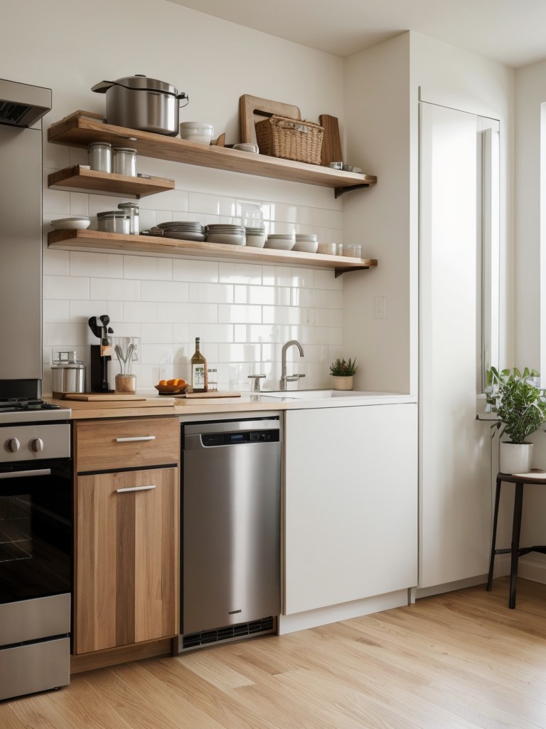 Functional and stylish small apartment kitchen ideas, including open shelving and compact appliances.