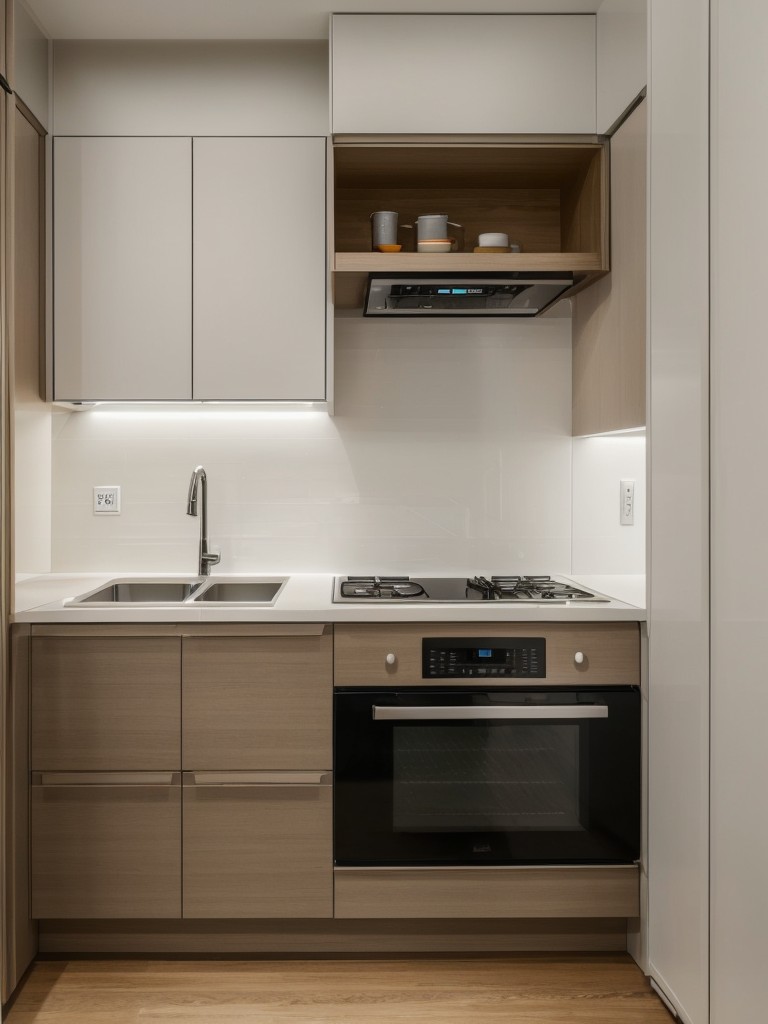 Maximizing counter space in a small apartment kitchen with innovative storage solutions and compact appliances.
