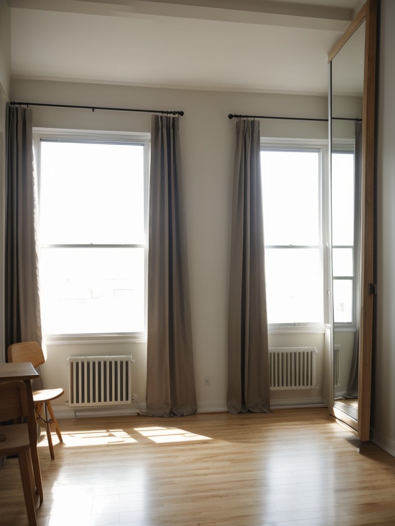 Maximizing natural light in a small apartment with window treatments, lighter curtains, and mirrors to reflect light.