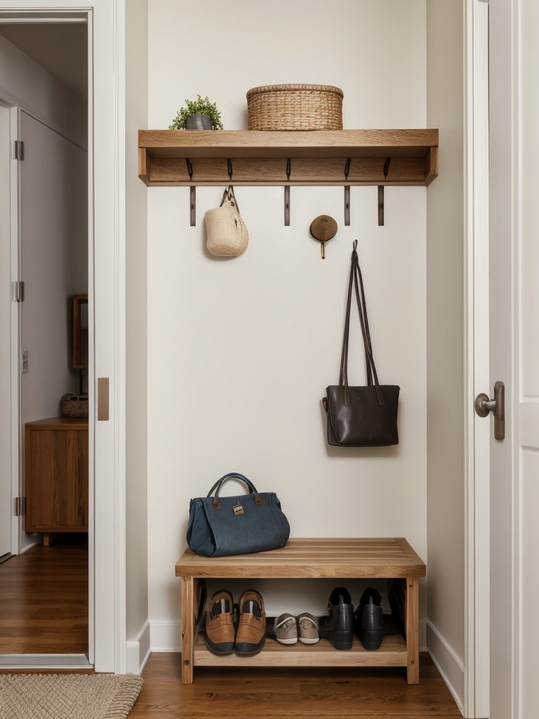 Transforming a small apartment entryway into a functional and welcoming space with hooks and shoe storage.
