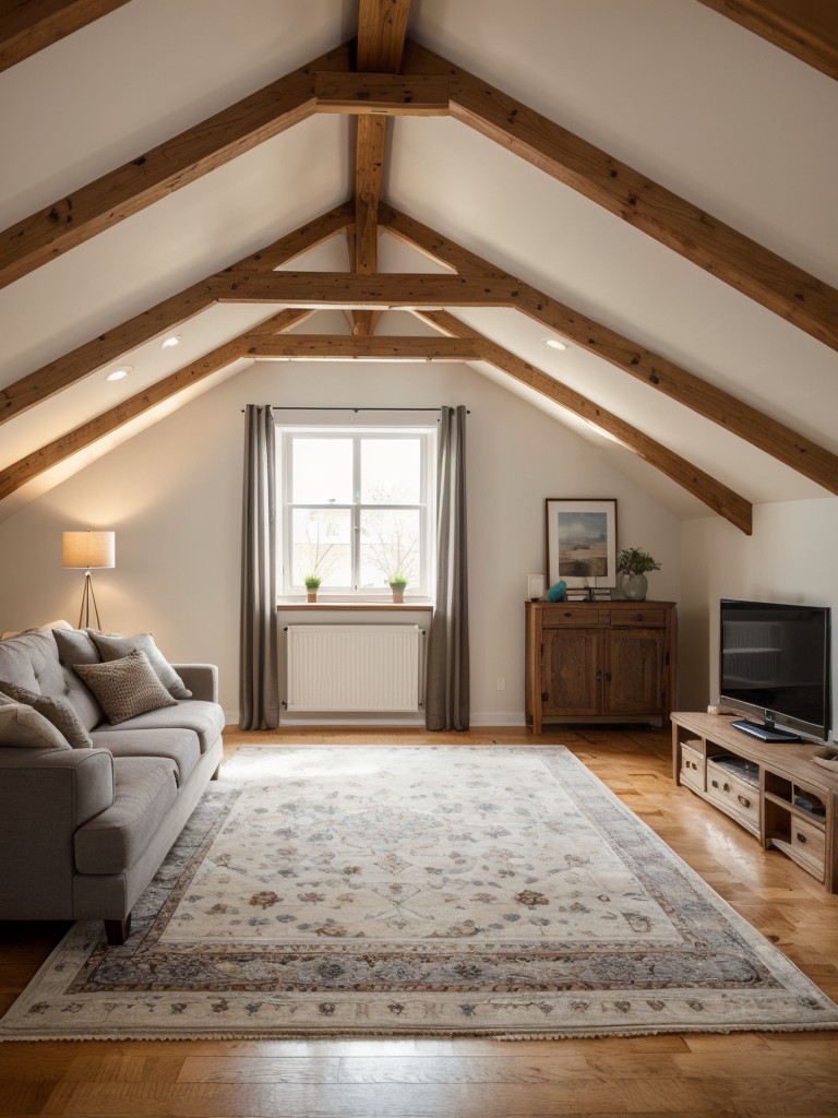 Create distinct zones within the small attic apartment by using rugs or furniture placement to separate the living, dining, and sleeping areas.