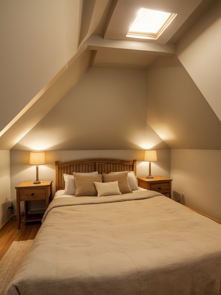 Embrace the cozy and intimate atmosphere of a small attic apartment by using warm and inviting lighting, like soft LED bulbs or warm-toned sconces.