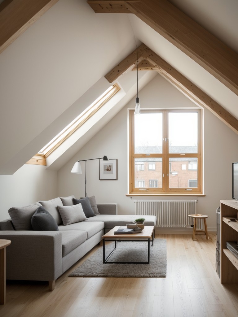 Implement a cohesive design scheme throughout the small attic apartment to create a sense of continuity and flow.