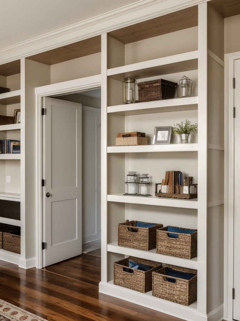 Install built-in shelving along the walls to take advantage of vertical space and provide additional storage for books, decor, and personal belongings.