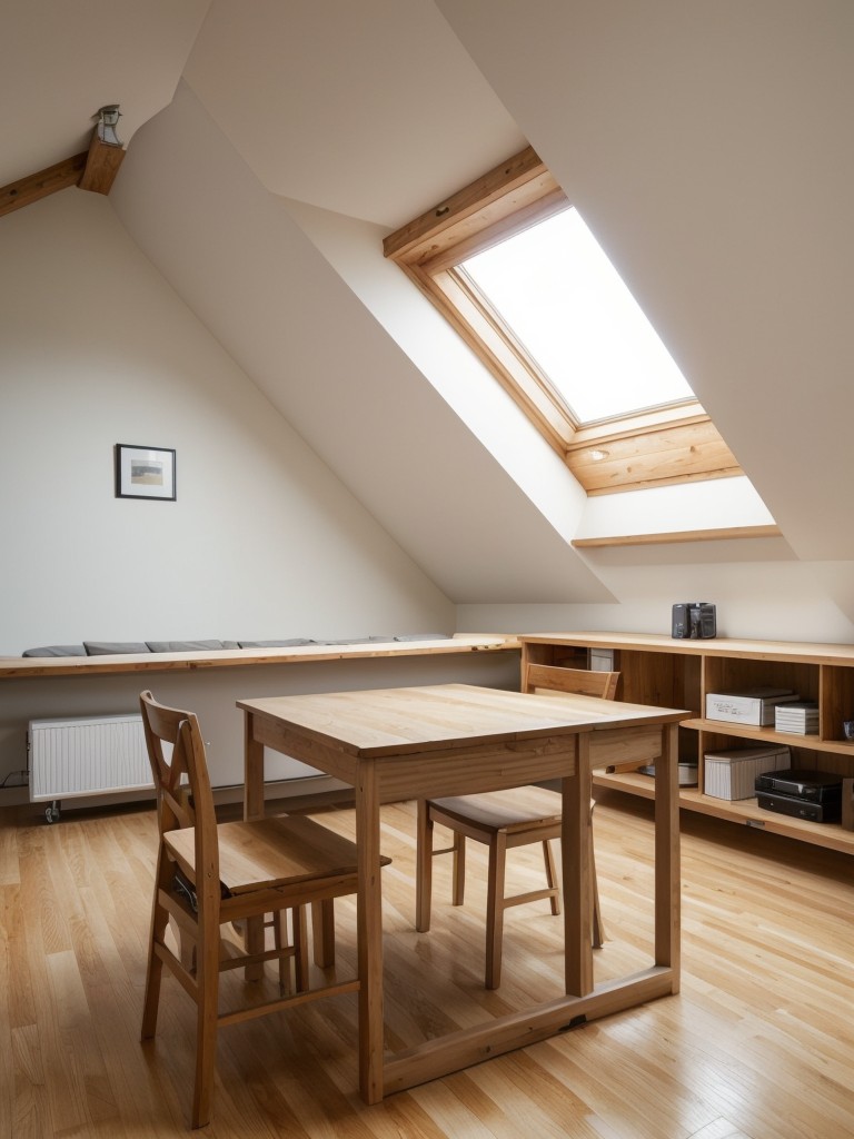 Utilize wall-mounted or foldable tables and desks to save space in a small attic apartment, allowing for versatility and easy transformation of the area.