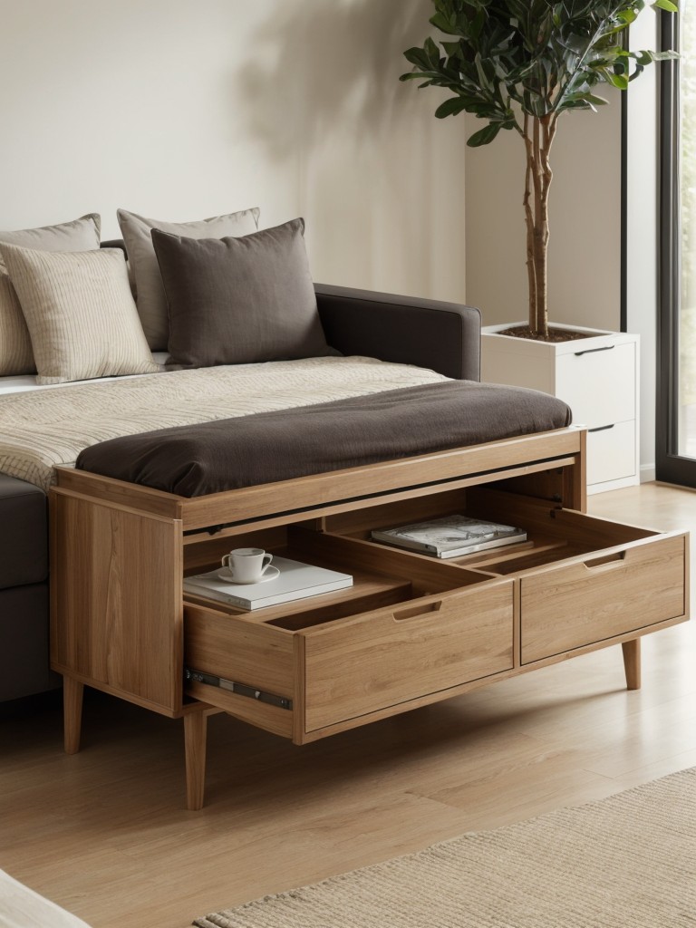 Choose furniture with built-in storage, such as coffee tables with hidden compartments or bed frames with drawers.