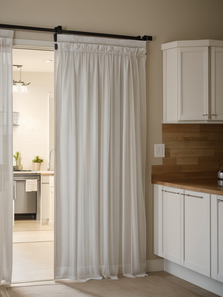 Hang curtains or use sliding doors to temporarily conceal kitchen or bedroom areas when needed.