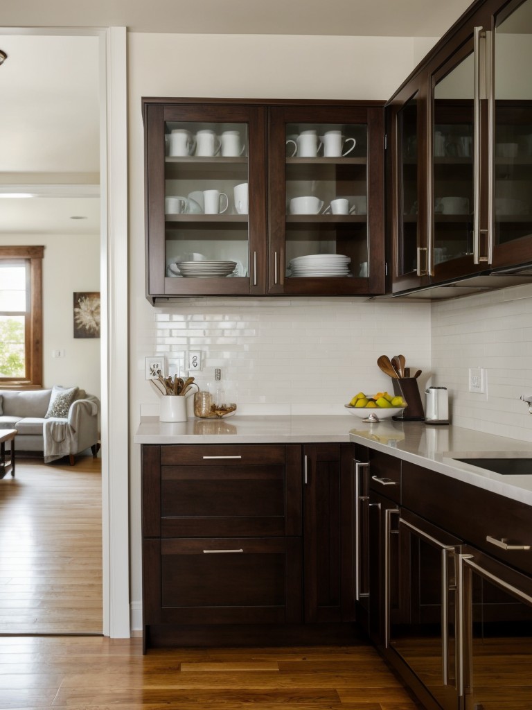 Incorporate large mirrors on cabinet doors to visually expand the kitchen and make it feel more open.