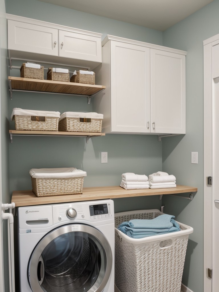 Install a wall-mounted drying rack or folding laundry hamper to optimize laundry area space.