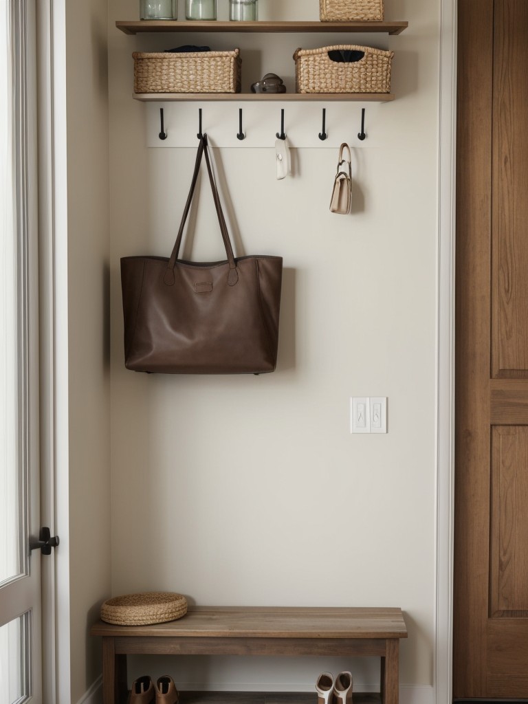 Incorporate a small, functional entryway area with a bench and wall hooks for coats and bags.