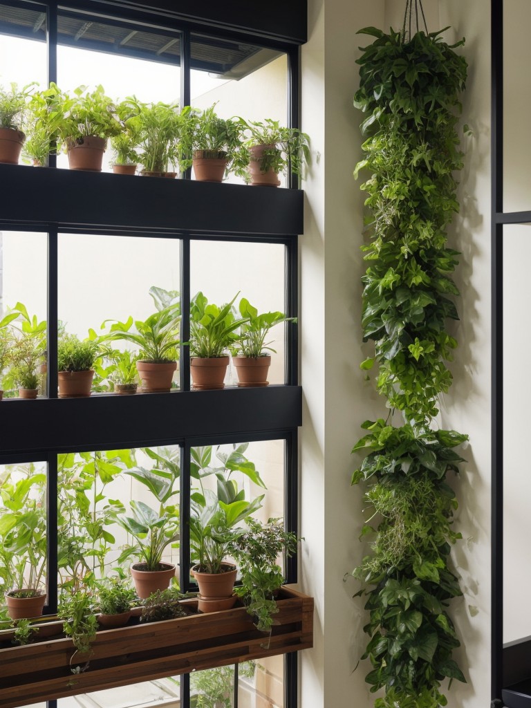 Incorporate a vertical garden or hanging plants to bring the outdoors inside and add depth.