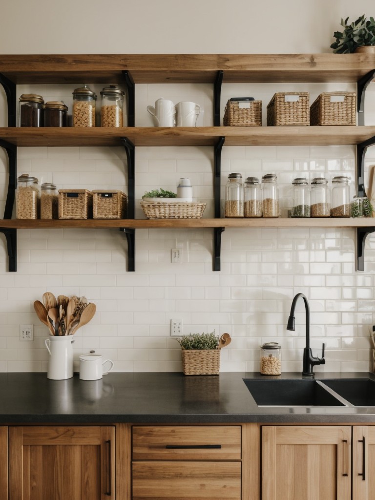 Integrate open shelving in the kitchen to display decorative items and free up counter space.