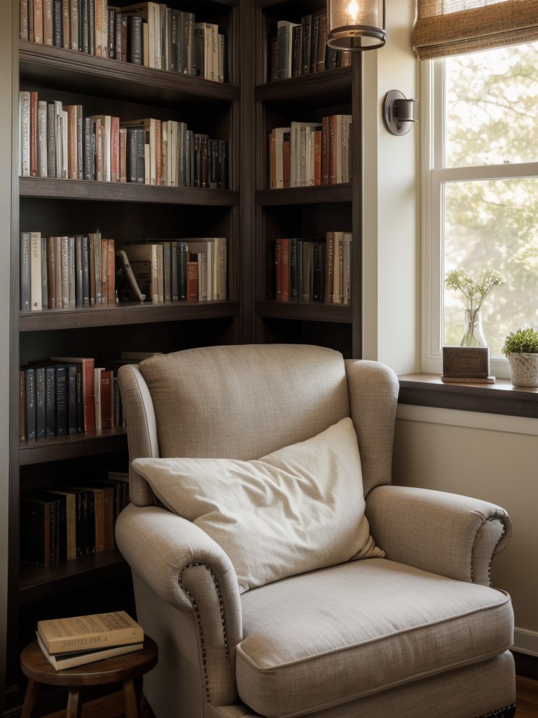 Create a cozy reading nook or relaxation area with a comfortable armchair, soft lighting, and a small library of your favorite books.