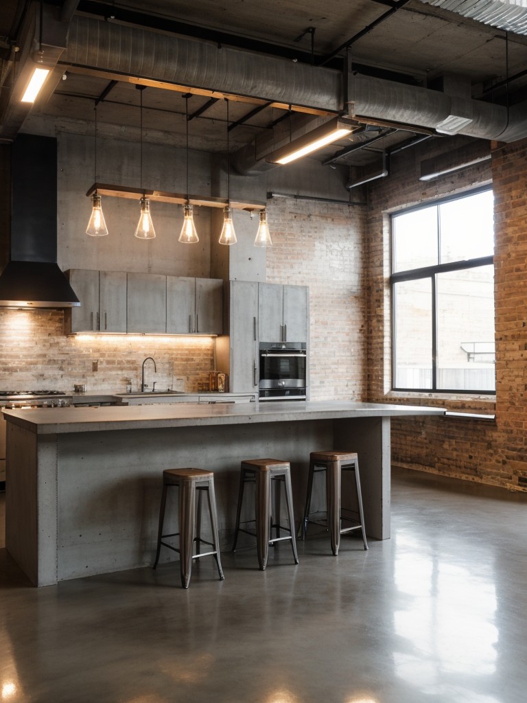 Embrace urban loft vibes with exposed ductwork, concrete floors, and industrial lighting fixtures.